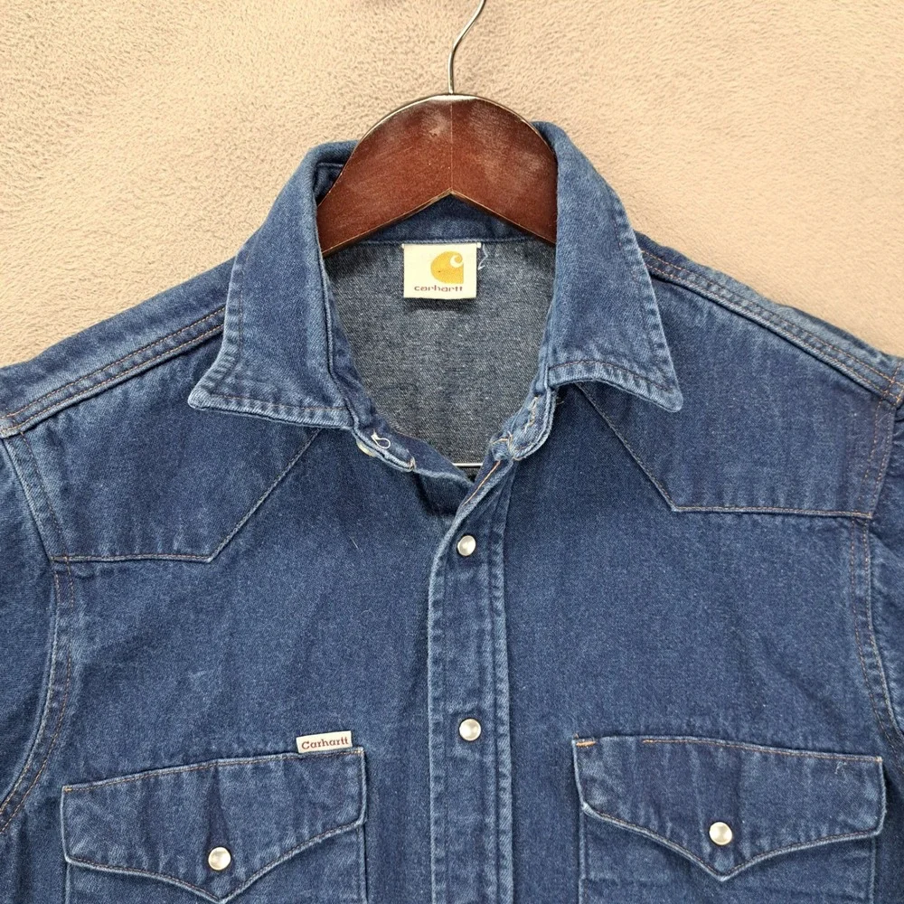 Carhartt Mens Denim Western Snap Button Shirt Blue SO2 DNM 15.5 x 35 Made in USA - Picture 4 of 9